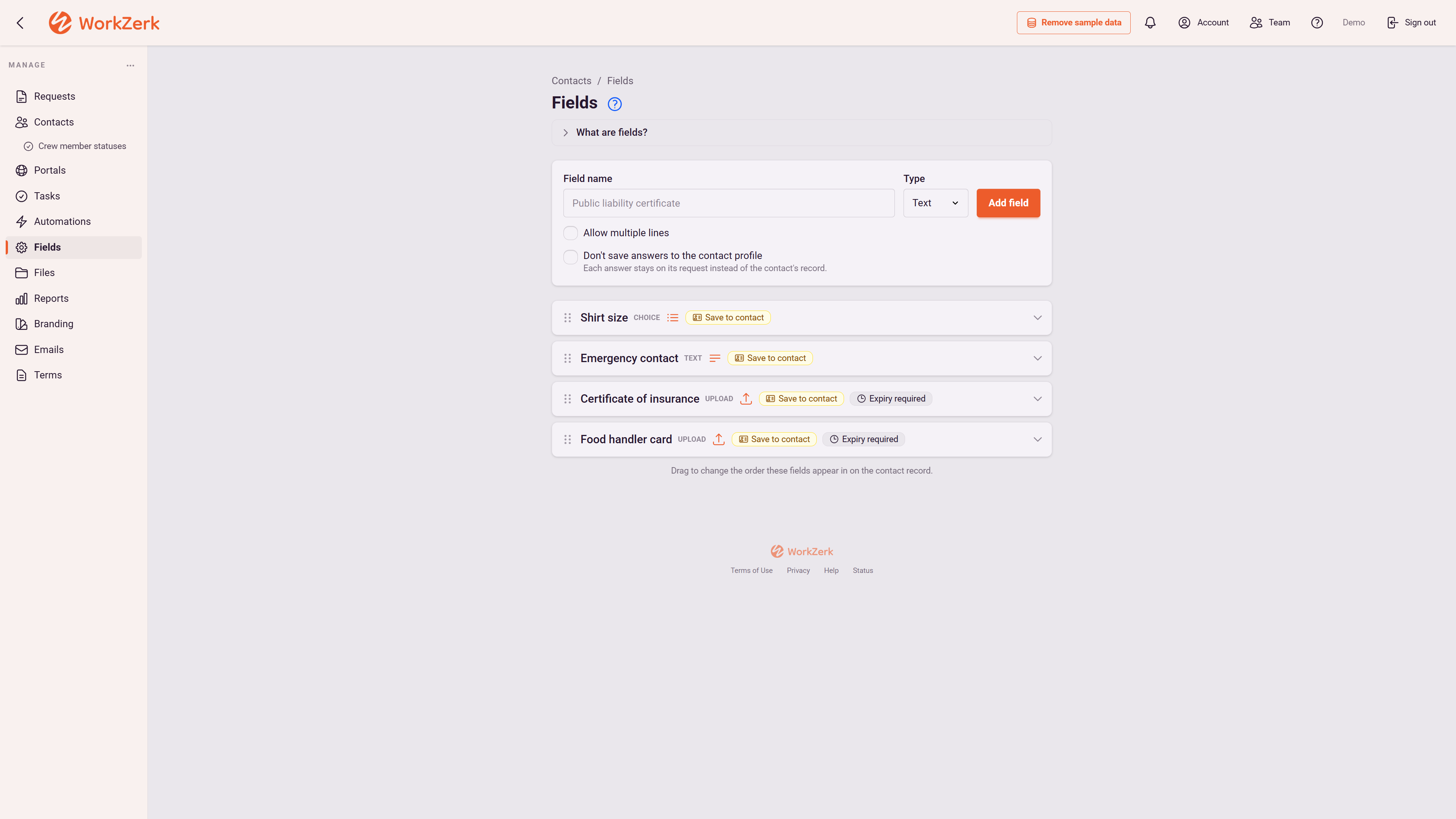The Fields screen listing shirt size, emergency contact, certificate of insurance and food handler card, each marked save to contact, with expiry required on the two uploads.