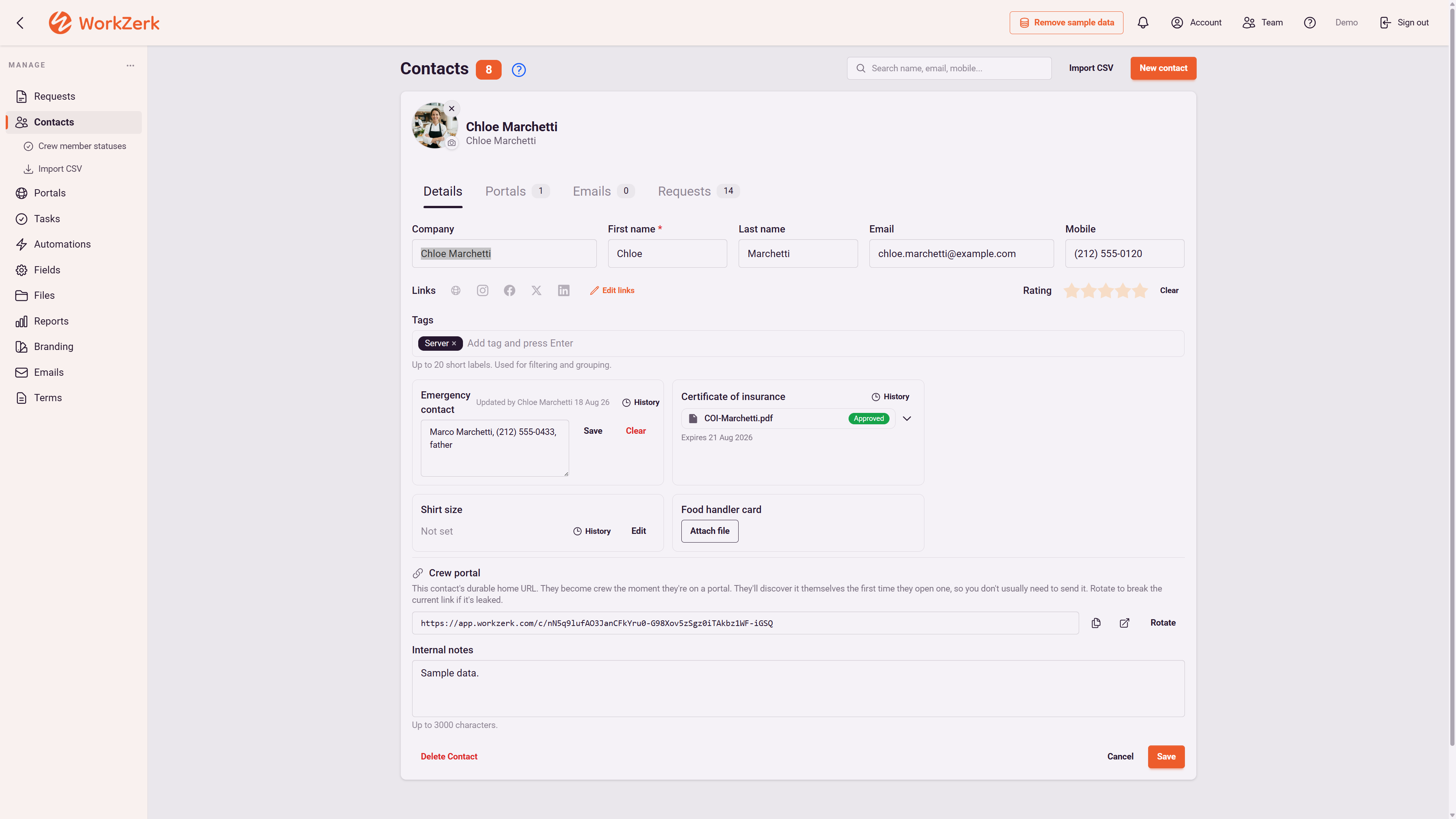 A contact record showing tags, an emergency contact, a certificate of insurance with its expiry date, a shirt size field, the durable crew portal link, and tabs for portals, emails and requests.