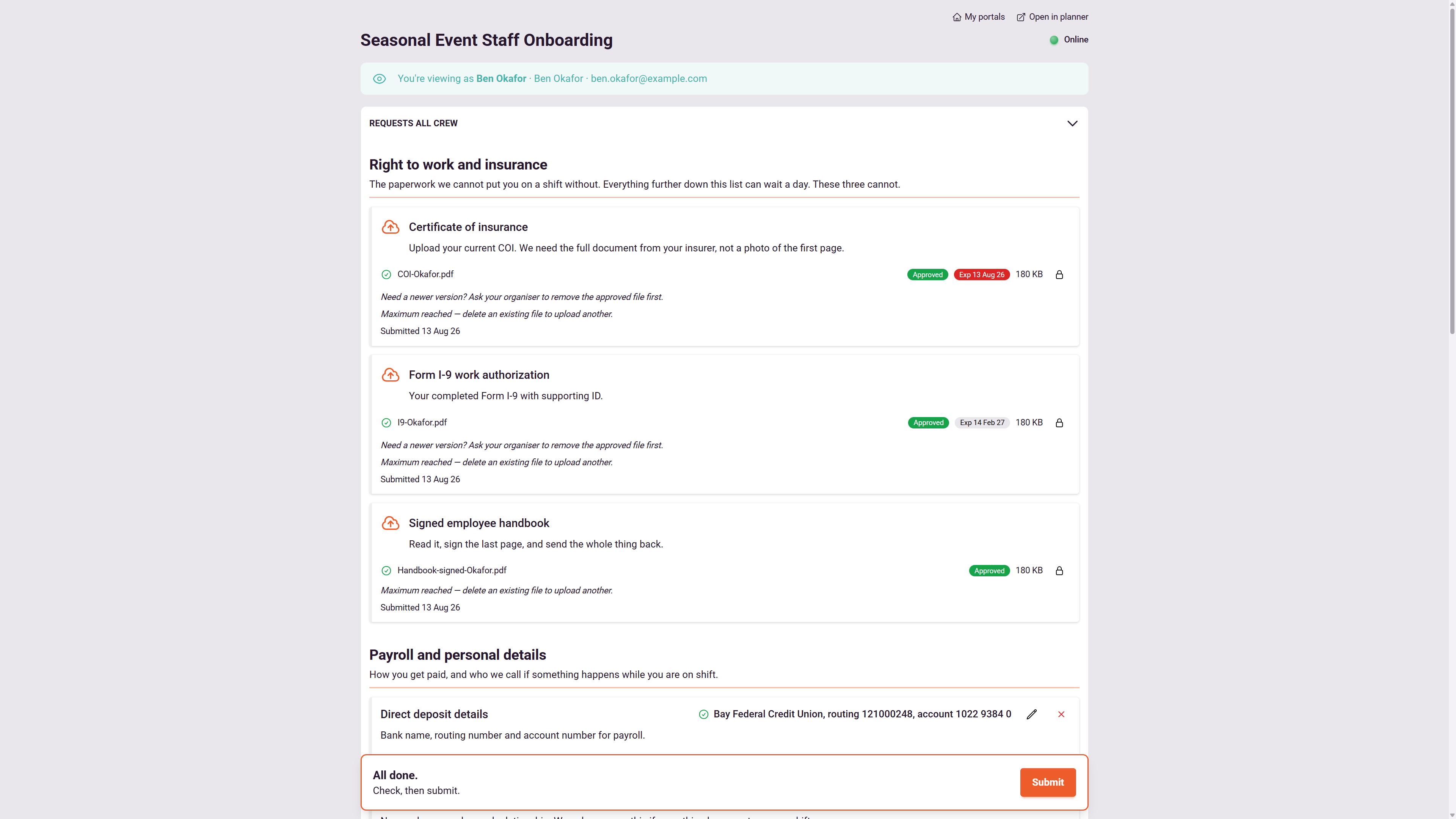 The portal as the person sees it, with a certificate of insurance, Form I-9 and signed employee handbook uploaded and approved, then payroll details and a Submit button.