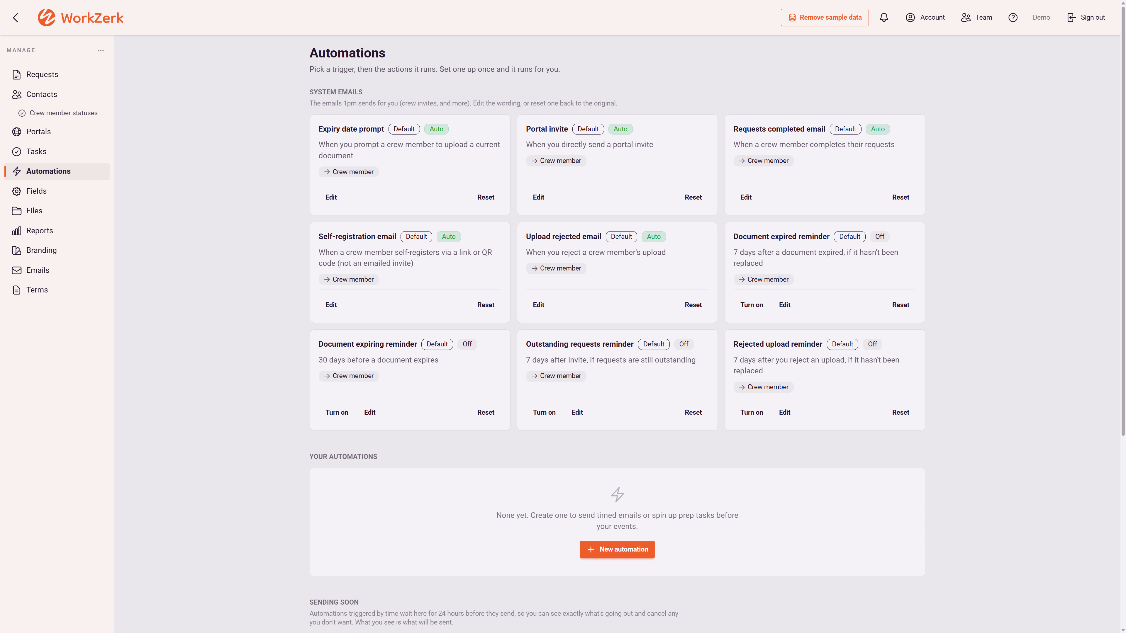 The Automations screen showing the system emails, and the four reminders for expiring documents, expired documents, outstanding requests and rejected uploads, each with a Turn on switch.