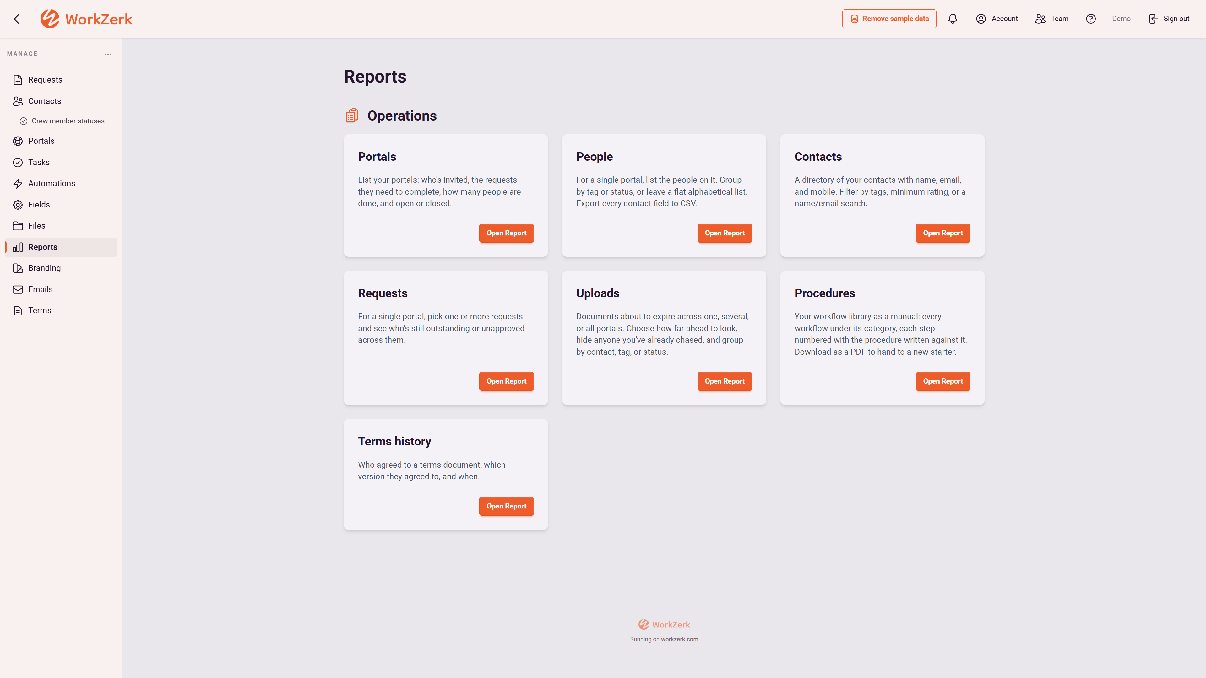 The Reports screen with its seven reports: portals, people, contacts, requests, uploads, procedures and terms history.