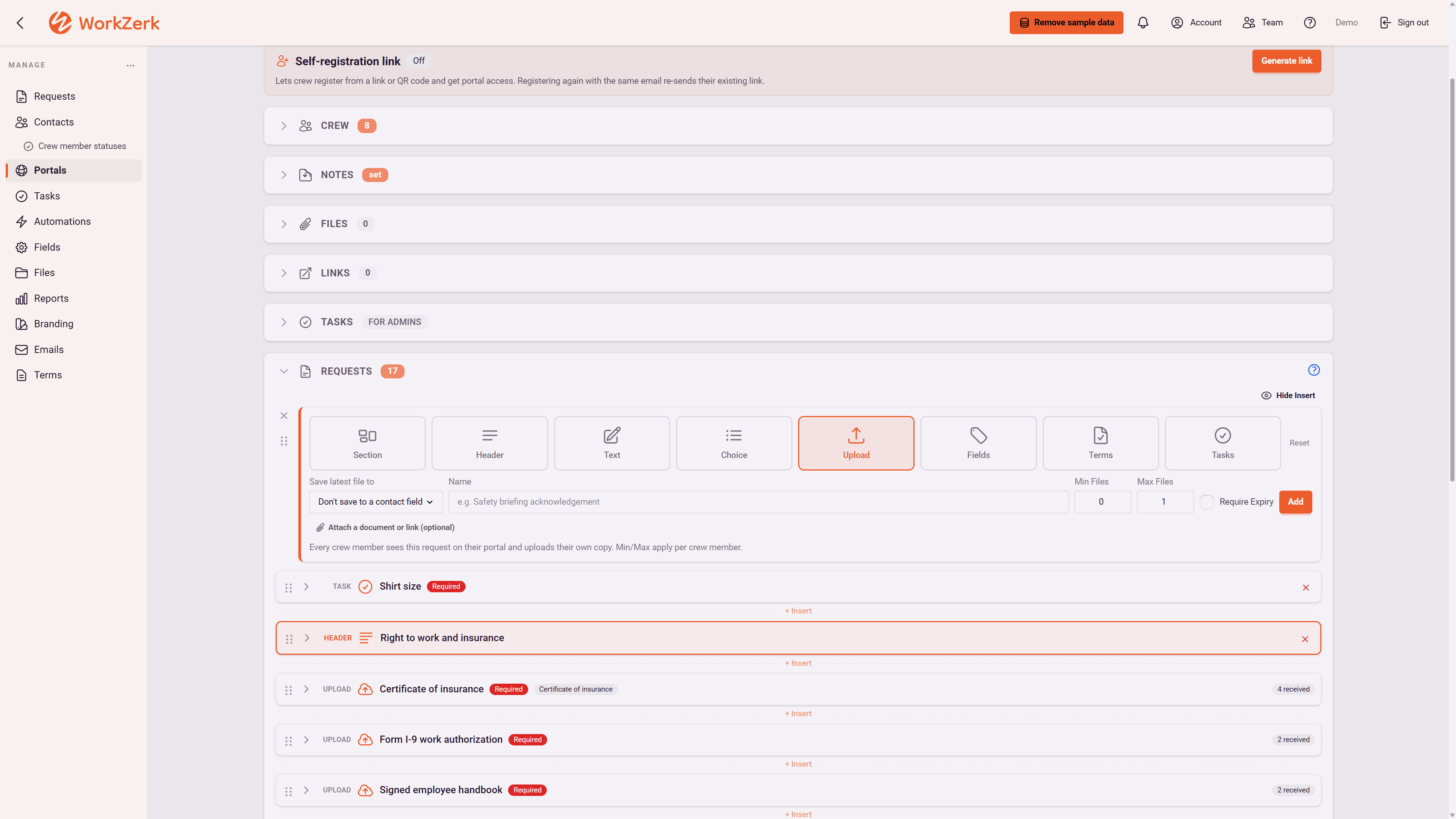 Adding a request to a portal, with the picker open on Section, Header, Text, Choice, Upload, Fields, Terms and Tasks, and settings for minimum and maximum files and a required expiry date.