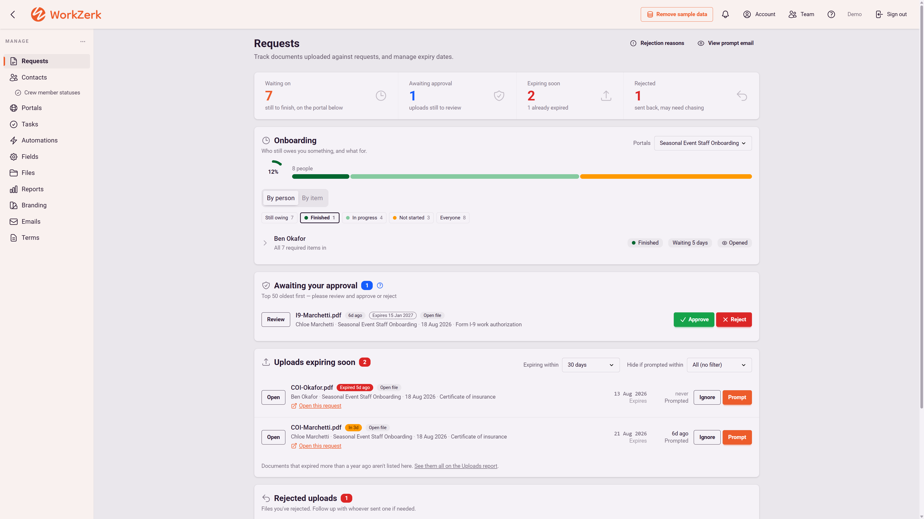 The Requests screen counting 7 waiting on, 1 awaiting approval, 2 expiring soon and 1 rejected, with a completion ring per portal, an approval queue and a list of expiring documents.