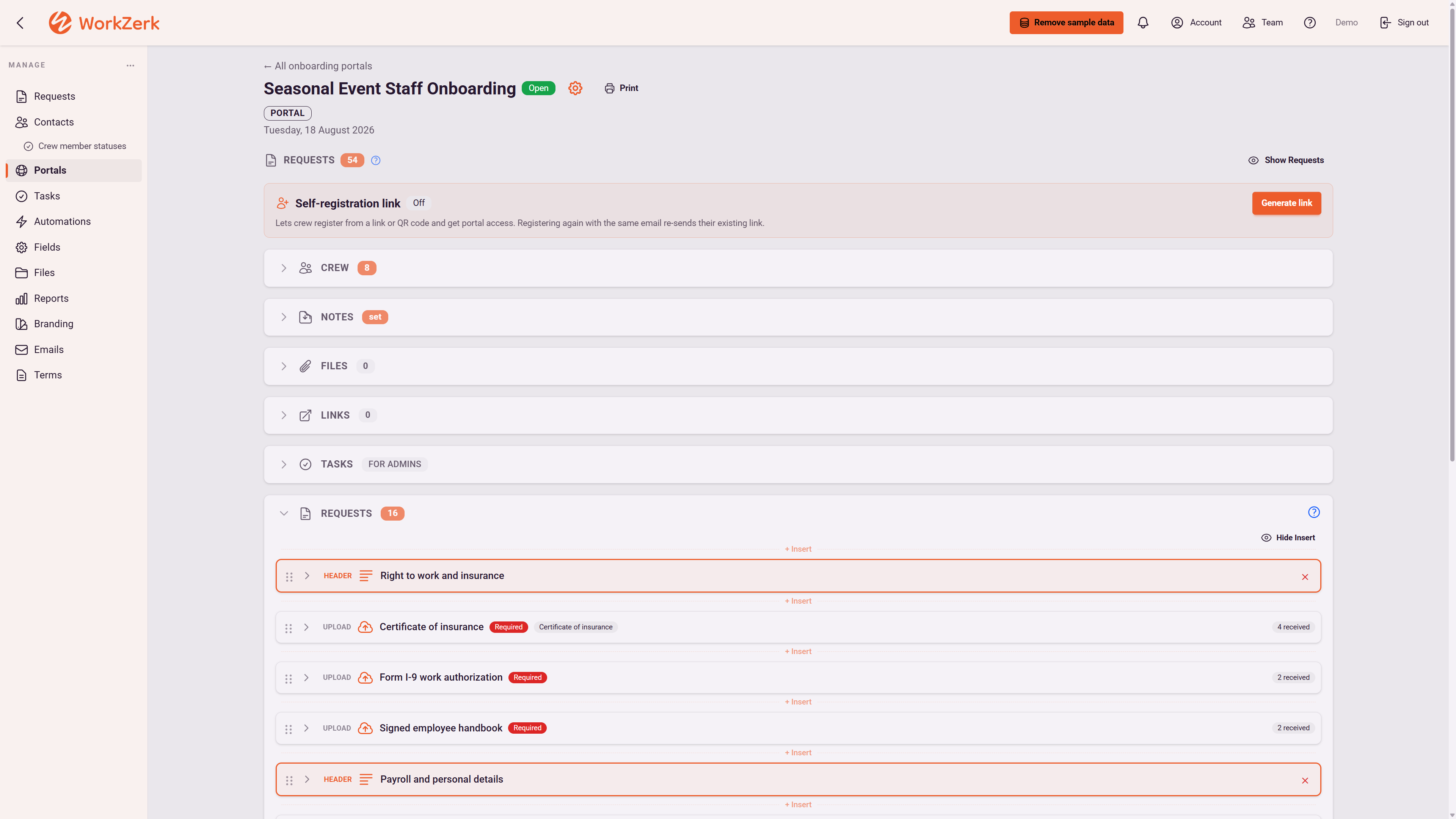 A portal in the planner with the self-registration link panel and its Generate link button at the top, above the crew, notes, files, links, tasks and requests blocks.