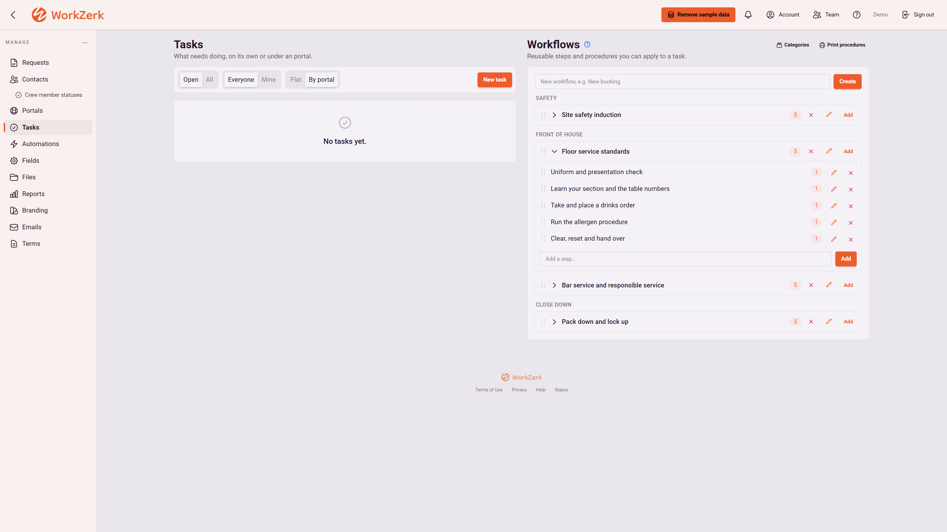 The Workflows library sorted into safety, front of house and close down categories, with the five steps of a floor service standards workflow listed underneath it.